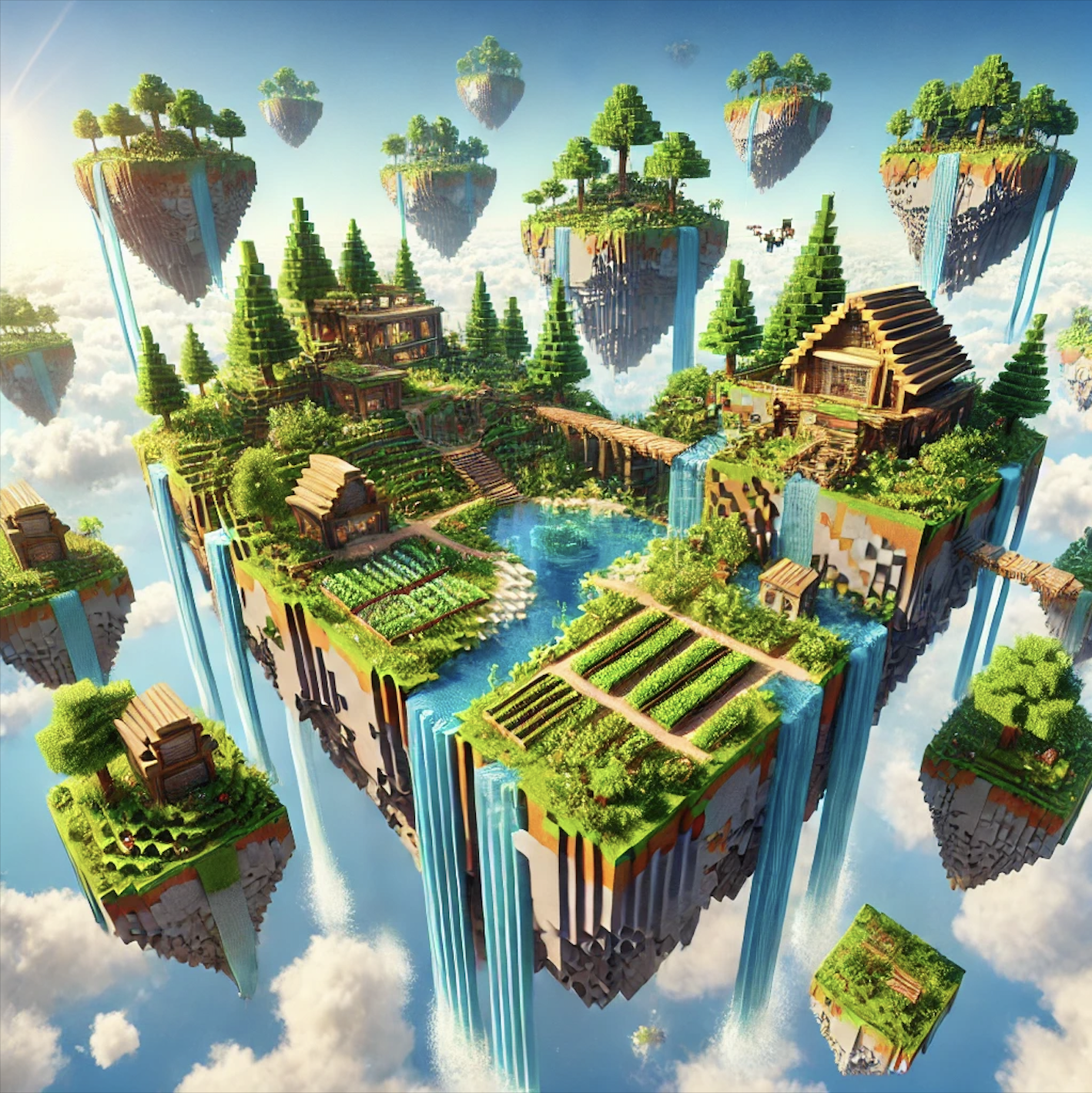 A panoramic view of a Minecraft Skyblock server scene featuring multiple floating islands of varying sizes. Each island includes distinctive elements